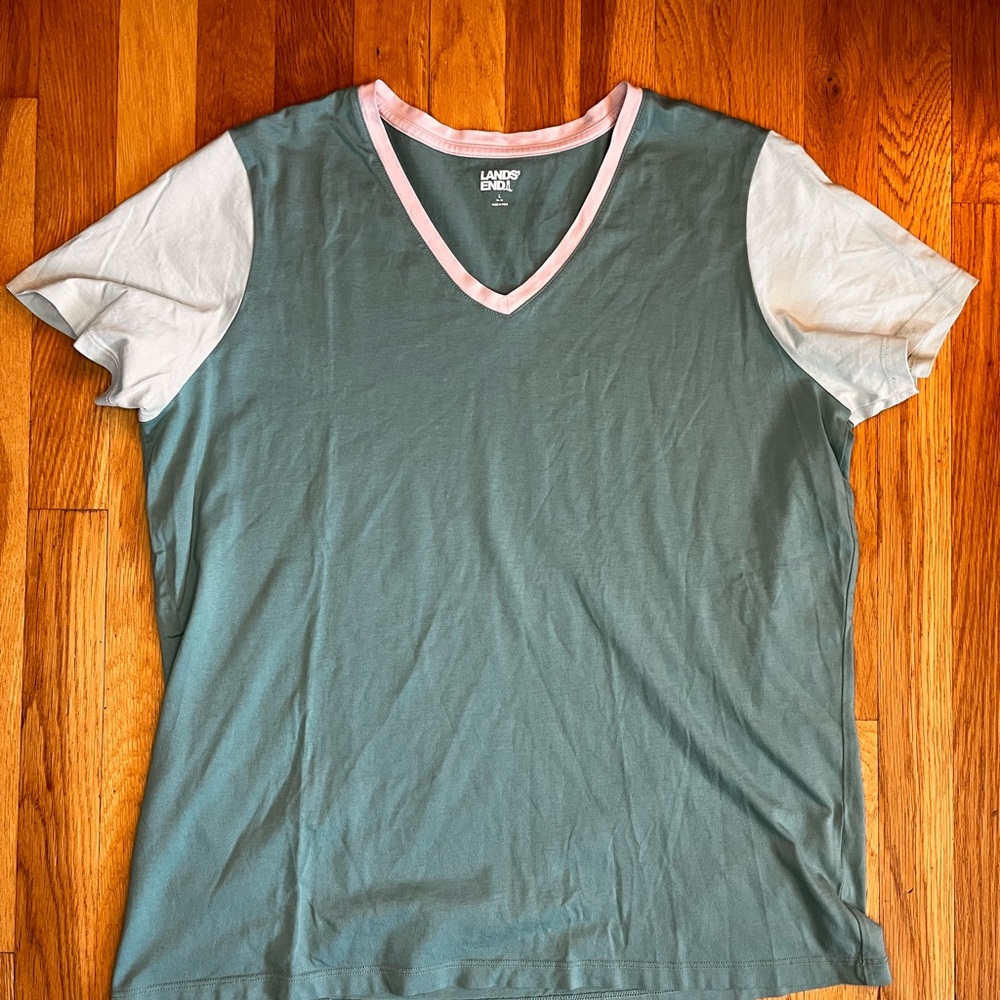 Lands' End Blue V-Neck Tee with light blue Sleeves and Pink Trim